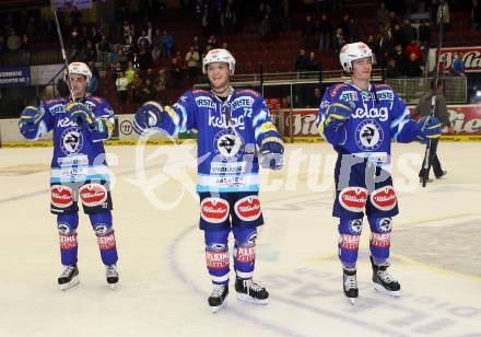 EBEL. Eishockey Bundesligal. EC VSV gegen HDD TELEMACH Olimpija Ljubljana. Jubel Pretnat, John HUghes, Derek Ryan (VSV). Villach, am 21.9.2012.
Foto: Kuess 


---
pressefotos, pressefotografie, kuess, qs, qspictures, sport, bild, bilder, bilddatenbank