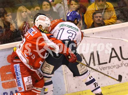 EBEL. Eishockey Bundesliga. EC KAC gegen KHL Medvescak Zagreb.  Geier Stephan,  (KAC), Dennis Bozic (Zagreb). Klagenfurt, am 21.9.2012.
Foto: Kuess 


---
pressefotos, pressefotografie, kuess, qs, qspictures, sport, bild, bilder, bilddatenbank