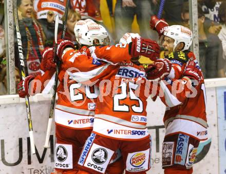 EBEL. Eishockey Bundesliga. EC KAC gegen KHL Medvescak Zagreb. Jubel John Lammers, Kirk Furey, THomas KOch  (KAC). Klagenfurt, am 21.9.2012.
Foto: Kuess 


---
pressefotos, pressefotografie, kuess, qs, qspictures, sport, bild, bilder, bilddatenbank