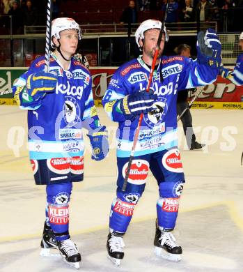 EBEL. Eishockey Bundesligal. EC VSV gegen KHL Medvescak Zagreb. Antti Pusa, Gerhard Unterluggauer (VSV). Villach, am 23.9.2012.
Foto: Kuess 


---
pressefotos, pressefotografie, kuess, qs, qspictures, sport, bild, bilder, bilddatenbank