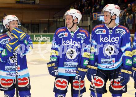 EBEL. Eishockey Bundesligal. EC VSV gegen KHL Medvescak Zagreb. Antti Pusa, Nikolaus Hartl, Stefan Bacher (VSV). Villach, am 23.9.2012.
Foto: Kuess 


---
pressefotos, pressefotografie, kuess, qs, qspictures, sport, bild, bilder, bilddatenbank