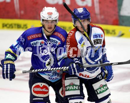 EBEL. Eishockey Bundesligal. EC VSV gegen KHL Medvescak Zagreb. Stefan Bacher, (VSV), Alex Leavitt  (Zagreb). Villach, am 23.9.2012.
Foto: Kuess 


---
pressefotos, pressefotografie, kuess, qs, qspictures, sport, bild, bilder, bilddatenbank