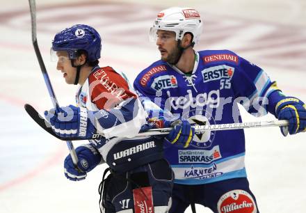 EBEL. Eishockey Bundesliga. VSV gegen Medvescak Zagreb. Scott Hotham (VSV), Brandon Buck (Zagreb). Villach, am 23.9.2012.
Foto: Kuess
---
pressefotos, pressefotografie, kuess, qs, qspictures, sport, bild, bilder, bilddatenbank