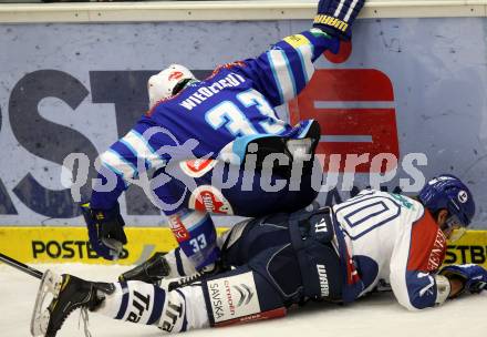 EBEL. Eishockey Bundesligal. EC VSV gegen KHL Medvescak Zagreb. Andreas Wiedergut,  (VSV), Gal Koren (Zagreb). Villach, am 23.9.2012.
Foto: Kuess 


---
pressefotos, pressefotografie, kuess, qs, qspictures, sport, bild, bilder, bilddatenbank