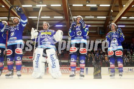 EBEL. Eishockey Bundesligal. EC VSV gegen HC Orli Znojmo. Jubel Gerhard Unterluggauer, Jean-Philippe Lamoureux, Stefan Bacher, Marco Pewal (VSV). Villach, am 28.9.2012.
Foto: Kuess 


---
pressefotos, pressefotografie, kuess, qs, qspictures, sport, bild, bilder, bilddatenbank