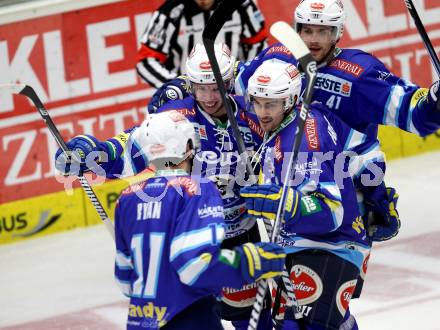 EBEL. Eishockey Bundesligal. EC VSV gegen HC Orli Znojmo. Torjubel Marco Pewal, Mario Altmann, Klemen Pretnar (VSV). Villach, am 28.9.2012.
Foto: Kuess 


---
pressefotos, pressefotografie, kuess, qs, qspictures, sport, bild, bilder, bilddatenbank