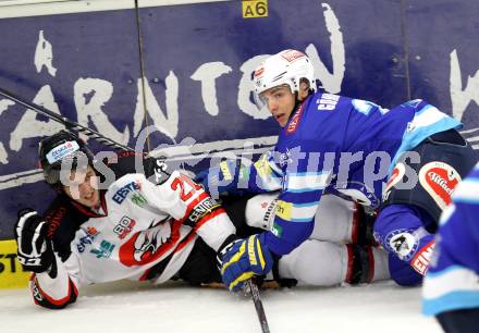 EBEL. Eishockey Bundesligal. EC VSV gegen HC Orli Znojmo. Marius Goehringer, (VSV), Paul Crowder  (Znojmo). Villach, am 28.9.2012.
Foto: Kuess 


---
pressefotos, pressefotografie, kuess, qs, qspictures, sport, bild, bilder, bilddatenbank