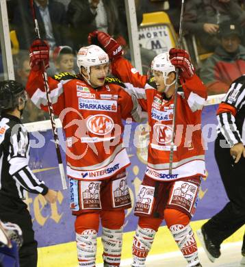 EBEL. Eishockey Bundesliga. EC KAC gegen SAPA Fehervar AV19.  Jubel, Tyler Spurgeon, Tyler Scofield, (KAC). Klagenfurt, am 28.9.2012.
Foto: Kuess 


---
pressefotos, pressefotografie, kuess, qs, qspictures, sport, bild, bilder, bilddatenbank