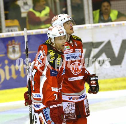 EBEL. Eishockey Bundesliga. EC KAC gegen SAPA Fehervar AV19.  Jamie Lundmark, David Schuller (KAC),  (Alba Volan). Klagenfurt, am 28.9.2012.
Foto: Kuess 


---
pressefotos, pressefotografie, kuess, qs, qspictures, sport, bild, bilder, bilddatenbank