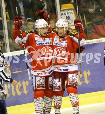 EBEL. Eishockey Bundesliga. EC KAC gegen SAPA Fehervar AV19.  Jubel, Tyler Spurgeon, Tyler Scofield, (KAC).. Klagenfurt, am 28.9.2012.
Foto: Kuess 


---
pressefotos, pressefotografie, kuess, qs, qspictures, sport, bild, bilder, bilddatenbank