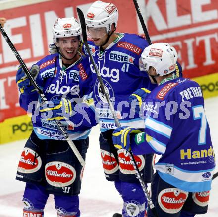 EBEL. Eishockey Bundesligal. EC VSV gegen HC Orli Znojmo. Torjubel Marco Pewal, Mario Altmann, Klemen Pretnar (VSV). Villach, am 28.9.2012.
Foto: Kuess 


---
pressefotos, pressefotografie, kuess, qs, qspictures, sport, bild, bilder, bilddatenbank