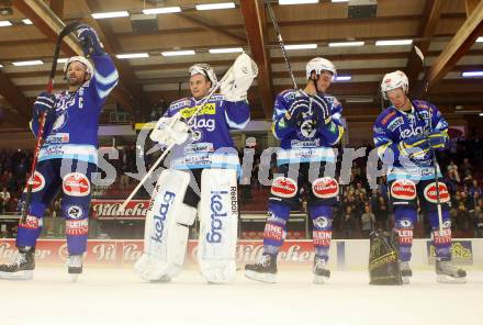 EBEL. Eishockey Bundesligal. EC VSV gegen HC Orli Znojmo. Jubel Gerhard Unterluggauer, Jean-Philippe Lamoureux, Stefan Bacher, Marco Pewal (VSV). Villach, am 28.9.2012.
Foto: Kuess 


---
pressefotos, pressefotografie, kuess, qs, qspictures, sport, bild, bilder, bilddatenbank