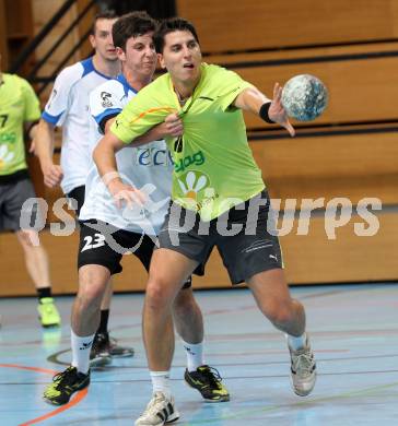 Handball Bundesliga. HC Kelag Kaernten gegn HC ece bulls Bruck. Markus Goeschl, (HCK), Alexander Fritz (Bruck). Viktring, am 29.9.2012.
Foto: Kuess
---
pressefotos, pressefotografie, kuess, qs, qspictures, sport, bild, bilder, bilddatenbank