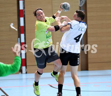 Handball Bundesliga. HC Kelag Kaernten gegn HC ece bulls Bruck. Florian Mueller-Pontasch,  (HCK), Deni Gasperov (Bruck). Viktring, am 29.9.2012.
Foto: Kuess
---
pressefotos, pressefotografie, kuess, qs, qspictures, sport, bild, bilder, bilddatenbank