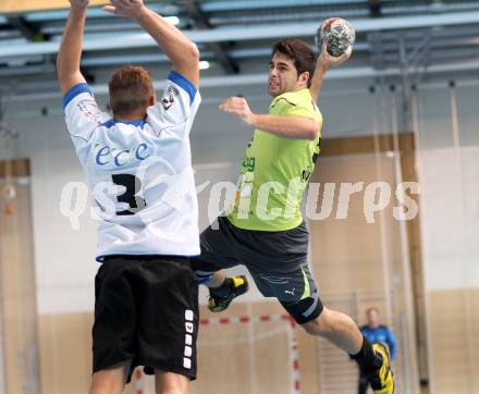 Handball Bundesliga. HC Kelag Kaernten gegn HC ece bulls Bruck. Josef Sourek,  (HCK), Stefan Fuerstner (Bruck). Viktring, am 29.9.2012.
Foto: Kuess
---
pressefotos, pressefotografie, kuess, qs, qspictures, sport, bild, bilder, bilddatenbank