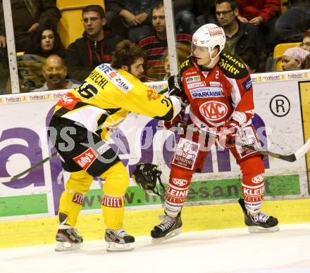 EBEL. Eishockey Bundesliga. EC KAC gegen UPC Vienna Capitals.  Manuel Geier, (KAC), Michael Schiechl  (Caps). Klagenfurt, am 30.9.2012.
Foto: Kuess 


---
pressefotos, pressefotografie, kuess, qs, qspictures, sport, bild, bilder, bilddatenbank