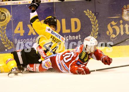 EBEL. Eishockey Bundesliga. EC KAC gegen UPC Vienna Capitals.  Tyler Scofield,  (KAC), Jamie Fraser (Caps). Klagenfurt, am 30.9.2012.
Foto: Kuess 


---
pressefotos, pressefotografie, kuess, qs, qspictures, sport, bild, bilder, bilddatenbank