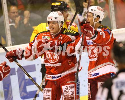 EBEL. Eishockey Bundesliga. EC KAC gegen UPC Vienna Capitals. Torjubel Manuel Geier, Raphael Herburger  (KAC). Klagenfurt, am 30.9.2012.
Foto: Kuess 


---
pressefotos, pressefotografie, kuess, qs, qspictures, sport, bild, bilder, bilddatenbank