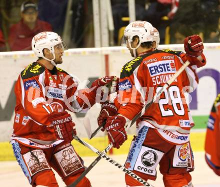 EBEL. Eishockey Bundesliga. EC KAC gegen UPC Vienna Capitals. Jubel Gregor Hager, Martin Schumnig, Tyler Scofield  (KAC). Klagenfurt, am 30.9.2012.
Foto: Kuess 


---
pressefotos, pressefotografie, kuess, qs, qspictures, sport, bild, bilder, bilddatenbank