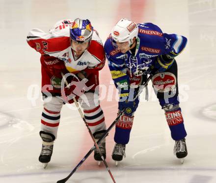 EBEL. Eishockey Bundesligal. EC VSV gegen EC Red Bull Salzburg. Klemen Pretnar,  (VSV), Steven Regier (Salzburg). Villach, am 5.10.2012.
Foto: Kuess 


---
pressefotos, pressefotografie, kuess, qs, qspictures, sport, bild, bilder, bilddatenbank