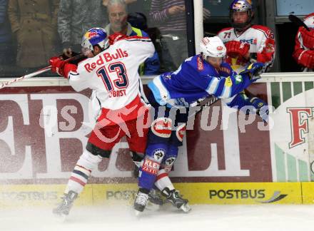 EBEL. Eishockey Bundesligal. EC VSV gegen EC Red Bull Salzburg. Derek Damon,  (VSV), Patrick Obrist (Salzburg). Villach, am 5.10.2012.
Foto: Kuess 


---
pressefotos, pressefotografie, kuess, qs, qspictures, sport, bild, bilder, bilddatenbank