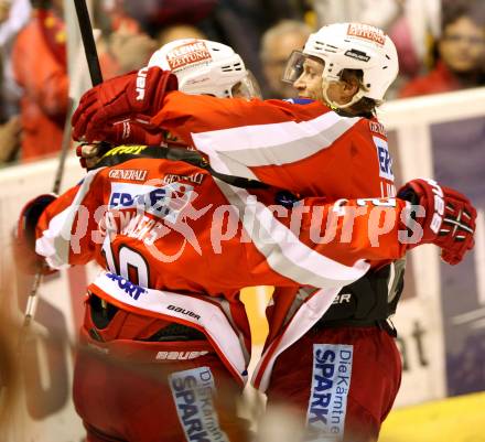 EBEL. Eishockey Bundesliga. EC KAC gegen EHC LIWEST Linz.  torjubel John Lammers, Jamie Lundmark (KAC). Klagenfurt, am 7.10.2012.
Foto: Kuess 


---
pressefotos, pressefotografie, kuess, qs, qspictures, sport, bild, bilder, bilddatenbank