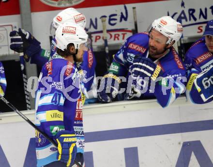 EBEL. Eishockey Bundesligal. EC VSV gegen Dornbirner Eishockey Club.  Torjubel Michael Grabner, Gerhard Unterluggauer (VSV). Villach, am 7.10.2012.
Foto: Kuess 


---
pressefotos, pressefotografie, kuess, qs, qspictures, sport, bild, bilder, bilddatenbank