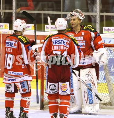 EBEL. Eishockey Bundesliga. EC KAC gegen EHC LIWEST Linz.  Torjubel Andy Chiodo, Thomas Koch, Jamie Lundmark (KAC). Klagenfurt, am 7.10.2012.
Foto: Kuess 


---
pressefotos, pressefotografie, kuess, qs, qspictures, sport, bild, bilder, bilddatenbank