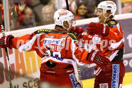 EBEL. Eishockey Bundesliga. EC KAC gegen EHC LIWEST Linz. torjubel John Lammers, Jamie Lundmark (KAC). Klagenfurt, am 7.10.2012.
Foto: Kuess 


---
pressefotos, pressefotografie, kuess, qs, qspictures, sport, bild, bilder, bilddatenbank