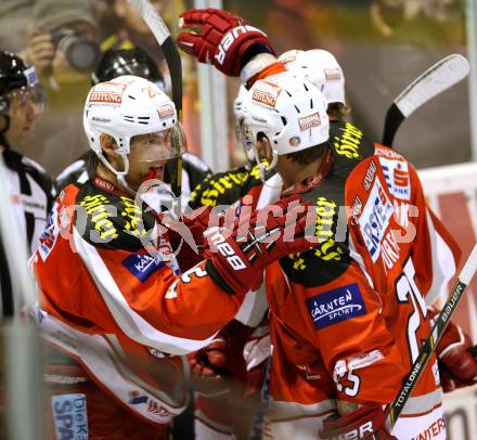 EBEL. Eishockey Bundesliga. EC KAC gegen EHC LIWEST Linz. Torjubel John Lammers, Kirk Furey  (KAC). Klagenfurt, am 7.10.2012.
Foto: Kuess 


---
pressefotos, pressefotografie, kuess, qs, qspictures, sport, bild, bilder, bilddatenbank