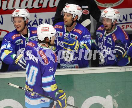 EBEL. Eishockey Bundesligal. EC VSV gegen Dornbirner Eishockey Club.  Torjubel Michael Grabner, Gerhard Unterluggauer (VSV). Villach, am 7.10.2012.
Foto: Kuess 


---
pressefotos, pressefotografie, kuess, qs, qspictures, sport, bild, bilder, bilddatenbank