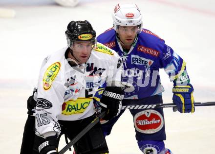 EBEL. Eishockey Bundesligal. EC VSV gegen Dornbirner Eishockey Club.  Derek Damon (VSV), BOIS Daniel (Dornbirn). Villach, am 7.10.2012.
Foto: Kuess 


---
pressefotos, pressefotografie, kuess, qs, qspictures, sport, bild, bilder, bilddatenbank