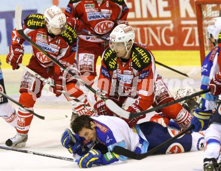 EBEL. Eishockey Bundesliga. EC KAC gegen VSV.  Markus Pirmann, Kirk Furey,  (KAC), Derek Ryan (VSV). Klagenfurt, am 14.10.2012.
Foto: Kuess 


---
pressefotos, pressefotografie, kuess, qs, qspictures, sport, bild, bilder, bilddatenbank