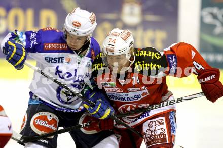 EBEL. Eishockey Bundesliga. EC KAC gegen VSV.  Jamie Lundmark, (KAC),  Marco Pewal  (VSV). Klagenfurt, am 14.10.2012.
Foto: Kuess 


---
pressefotos, pressefotografie, kuess, qs, qspictures, sport, bild, bilder, bilddatenbank