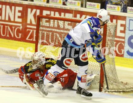 EBEL. Eishockey Bundesliga. EC KAC gegen VSV. Andy Chiodo,   (KAC),  Patrick Platzer (VSV). Klagenfurt, am 14.10.2012.
Foto: Kuess 


---
pressefotos, pressefotografie, kuess, qs, qspictures, sport, bild, bilder, bilddatenbank