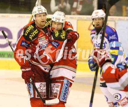 EBEL. Eishockey Bundesliga. EC KAC gegen VSV. Torjubel Jamie Lundmark, John Lammers  (KAC). Klagenfurt, am 14.10.2012.
Foto: Kuess 


---
pressefotos, pressefotografie, kuess, qs, qspictures, sport, bild, bilder, bilddatenbank