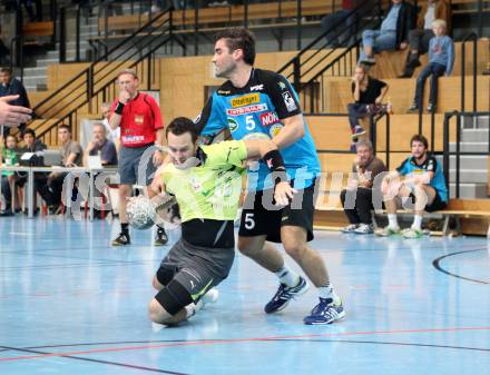 Handball Bundesliga. HC Kelag Kaernten gegen UHC Erste Bank Hollabrunn.  Patrick Jochum, (HCK),  Lukas Nebes  (Hollabrunn). Klagenfurt, am 20.10.2012.
Foto: Kuess
---
pressefotos, pressefotografie, kuess, qs, qspictures, sport, bild, bilder, bilddatenbank