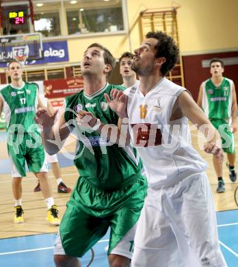 Basketball. 2. Bundesliga. Woerthersee Piraten gegen KOS Klagenfurt Celovec. Alexander Ey,  (Piraten), Milovan Radmanovic (KOS). Klagenfurt, am 20.10.2012.
Foto: Kuess
---
pressefotos, pressefotografie, kuess, qs, qspictures, sport, bild, bilder, bilddatenbank