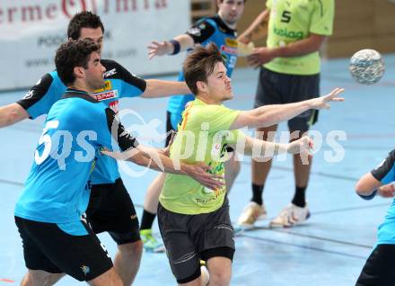 Handball Bundesliga. HC Kelag Kaernten gegen UHC Erste Bank Hollabrunn.  Florian Wulz, (HCK), Lukas Nebes (Hollabrunn). Klagenfurt, am 20.10.2012.
Foto: Kuess
---
pressefotos, pressefotografie, kuess, qs, qspictures, sport, bild, bilder, bilddatenbank