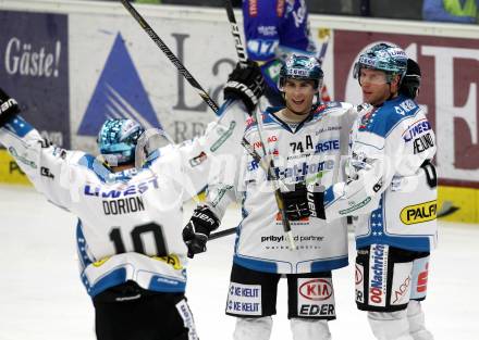 EBEL. Eishockey Bundesligal. EC VSV gegen EHC LIWEST Linz.  Torjubel Marc-Andre Dorion, Daniel Oberkofler, Andrew Hedlund (Linz). Villach, am 21.10.2012.
Foto: Kuess 


---
pressefotos, pressefotografie, kuess, qs, qspictures, sport, bild, bilder, bilddatenbank