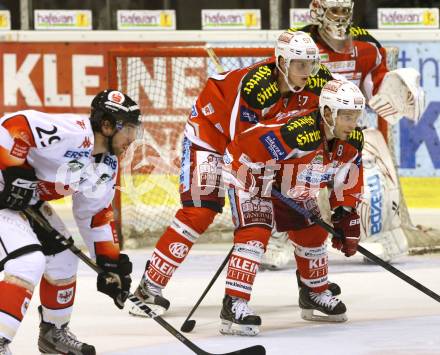 EBEL. Eishockey Bundesliga. EC KAC gegen HC TWK Innsbruck "Die Haie".   Tyler Myers, THomas Koch, (KAC), Andreas Noedl (Innsbruck). Klagenfurt, am 21.10.2012.
Foto: Kuess 


---
pressefotos, pressefotografie, kuess, qs, qspictures, sport, bild, bilder, bilddatenbank