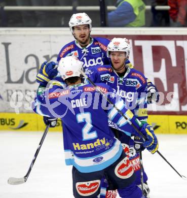 EBEL. Eishockey Bundesligal. EC VSV gegen EHC LIWEST Linz. Torjubel John Hughes, Brad Cole, Justin Taylor (VSV). Villach, am 21.10.2012.
Foto: Kuess 


---
pressefotos, pressefotografie, kuess, qs, qspictures, sport, bild, bilder, bilddatenbank