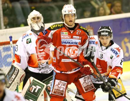 EBEL. Eishockey Bundesliga. EC KAC gegen HC TWK Innsbruck "Die Haie".   Thomas Hundertpfund,  (KAC), Patrick Machreich, Herbert Steiner (Innsbruck). Klagenfurt, am 21.10.2012.
Foto: Kuess 


---
pressefotos, pressefotografie, kuess, qs, qspictures, sport, bild, bilder, bilddatenbank