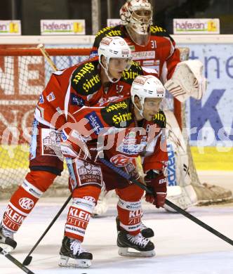 EBEL. Eishockey Bundesliga. EC KAC gegen HC TWK Innsbruck "Die Haie".   Thomas Koch, Tyler Myers,  (KAC). Klagenfurt, am 21.10.2012.
Foto: Kuess 


---
pressefotos, pressefotografie, kuess, qs, qspictures, sport, bild, bilder, bilddatenbank