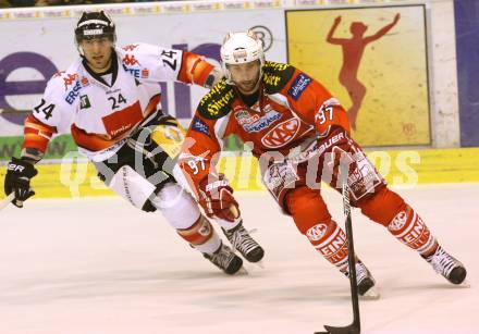 EBEL. Eishockey Bundesliga. EC KAC gegen HC TWK Innsbruck "Die Haie".   Sam Gagner, (KAC), Florian Pedevilla  (Innsbruck). Klagenfurt, am 21.10.2012.
Foto: Kuess 


---
pressefotos, pressefotografie, kuess, qs, qspictures, sport, bild, bilder, bilddatenbank