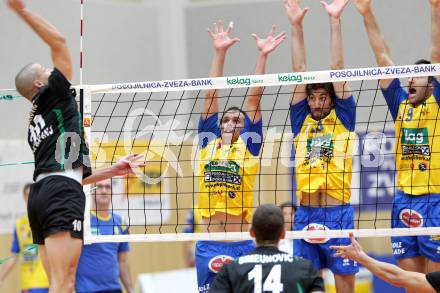 Volleyball. MEVZA. SK Aich/Dob gegen Kakanj.  Hruska Michal, Reiser Gerald, Grut Andrej  (Aich/Dob). Bleiburg, 24.10.2012.
Foto: Kuess
---
pressefotos, pressefotografie, kuess, qs, qspictures, sport, bild, bilder, bilddatenbank