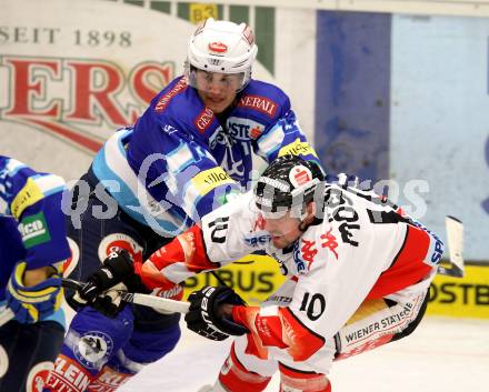 EBEL. Eishockey Bundesliga. EC VSV gegen HC TWK Innsbruck "Die Haie".  Stefan Bacher,  (VSV), Patrick Moessmer (Innsbruck). Villach, am 30.10.2012.
Foto: Kuess 


---
pressefotos, pressefotografie, kuess, qs, qspictures, sport, bild, bilder, bilddatenbank