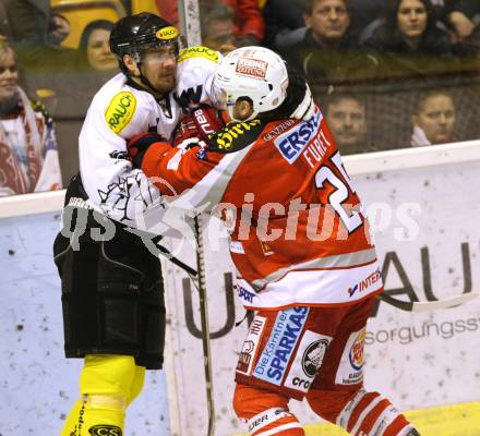 EBEL. Eishockey Bundesliga. EC KAC gegen Dornbirner Eishockey Club.   Kirk Furey,  (KAC), Robert Logan McMillian (Dornbirn). Klagenfurt, am 30.10.2012.
Foto: Kuess 


---
pressefotos, pressefotografie, kuess, qs, qspictures, sport, bild, bilder, bilddatenbank