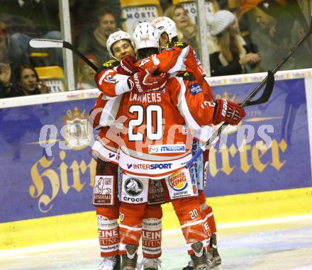 EBEL. Eishockey Bundesliga. EC KAC gegen Dornbirner Eishockey Club.   Torjubel Thomas Koch, John Lammers, Jamie Lundmark (KAC). Klagenfurt, am 30.10.2012.
Foto: Kuess 


---
pressefotos, pressefotografie, kuess, qs, qspictures, sport, bild, bilder, bilddatenbank