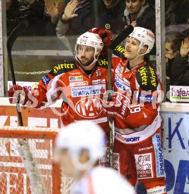 EBEL. Eishockey Bundesliga. EC KAC gegen HDD TELEMACH Olimpija Ljubljana.  Torjubel Stefan Geier, Sam Gagner (KAC). Klagenfurt, am 4.11.2012.
Foto: Kuess 


---
pressefotos, pressefotografie, kuess, qs, qspictures, sport, bild, bilder, bilddatenbank